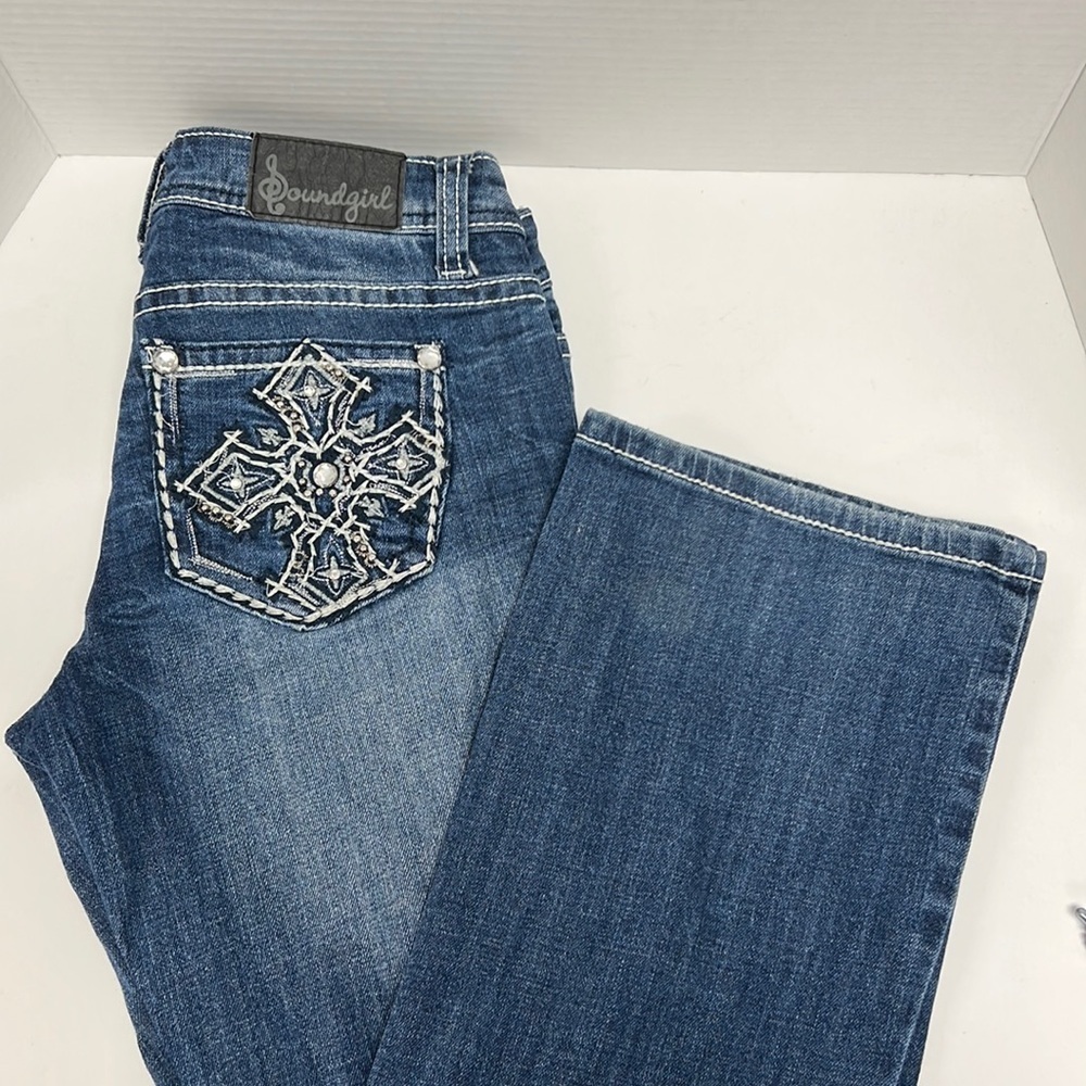 Soundgirl Embellished Distressed Flare Leg Jeans Size 9